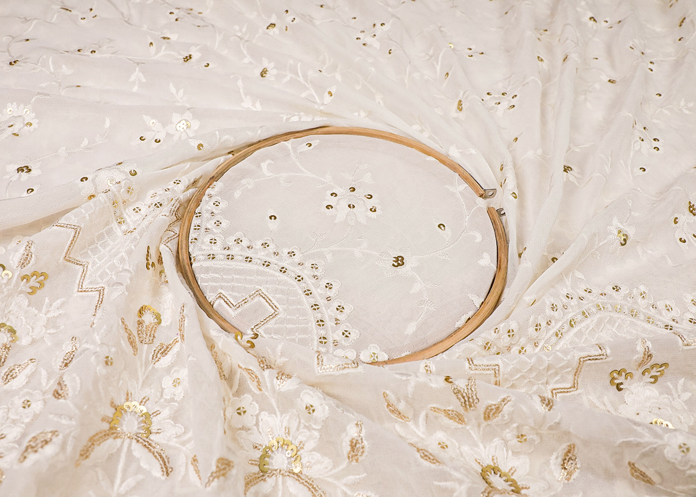 White Georgette Fabric With All Over Thread And Sequins Work With One Side Border 19156