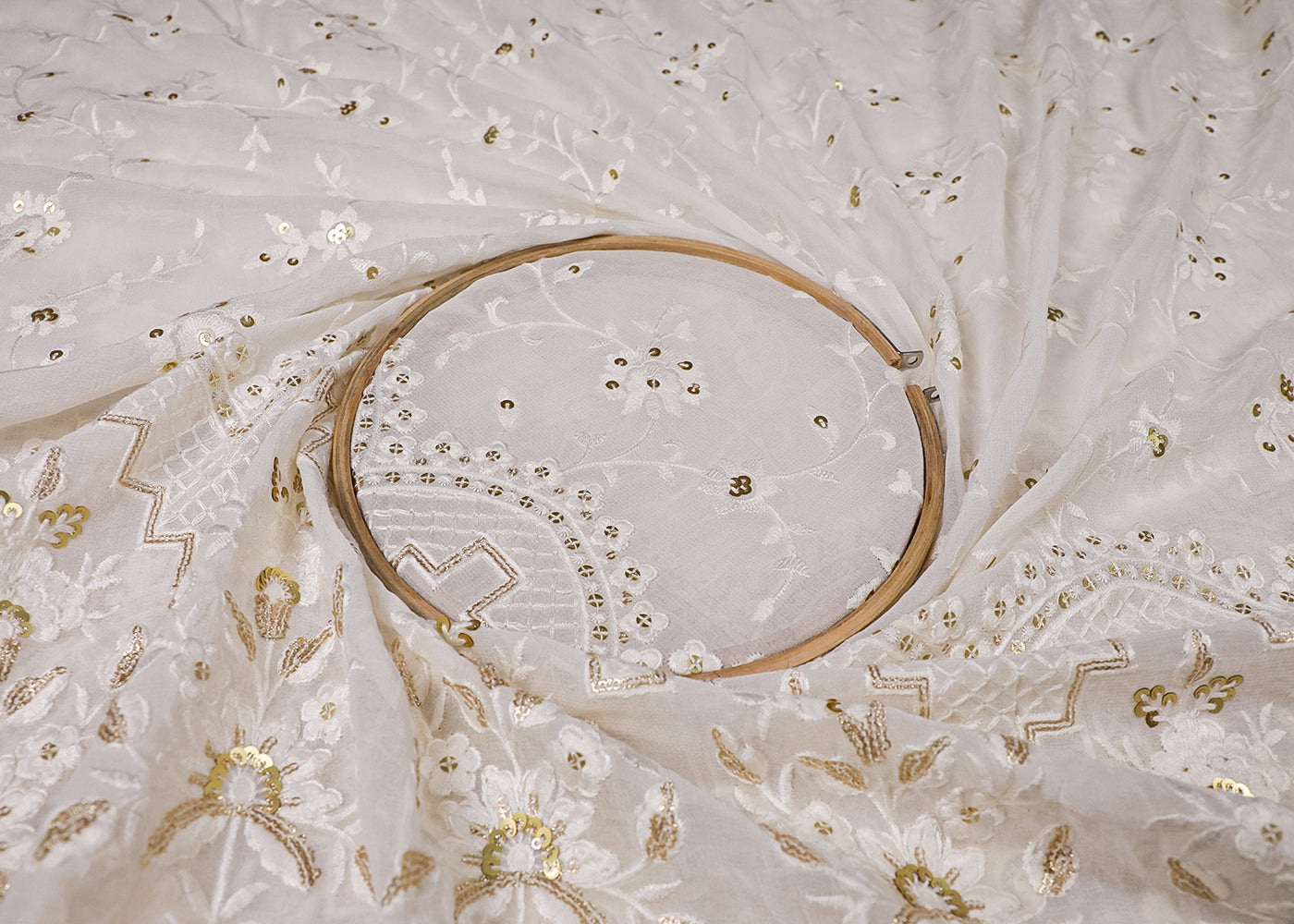 White Georgette Fabric With All Over Thread And Sequins Work With One Side Border 19156