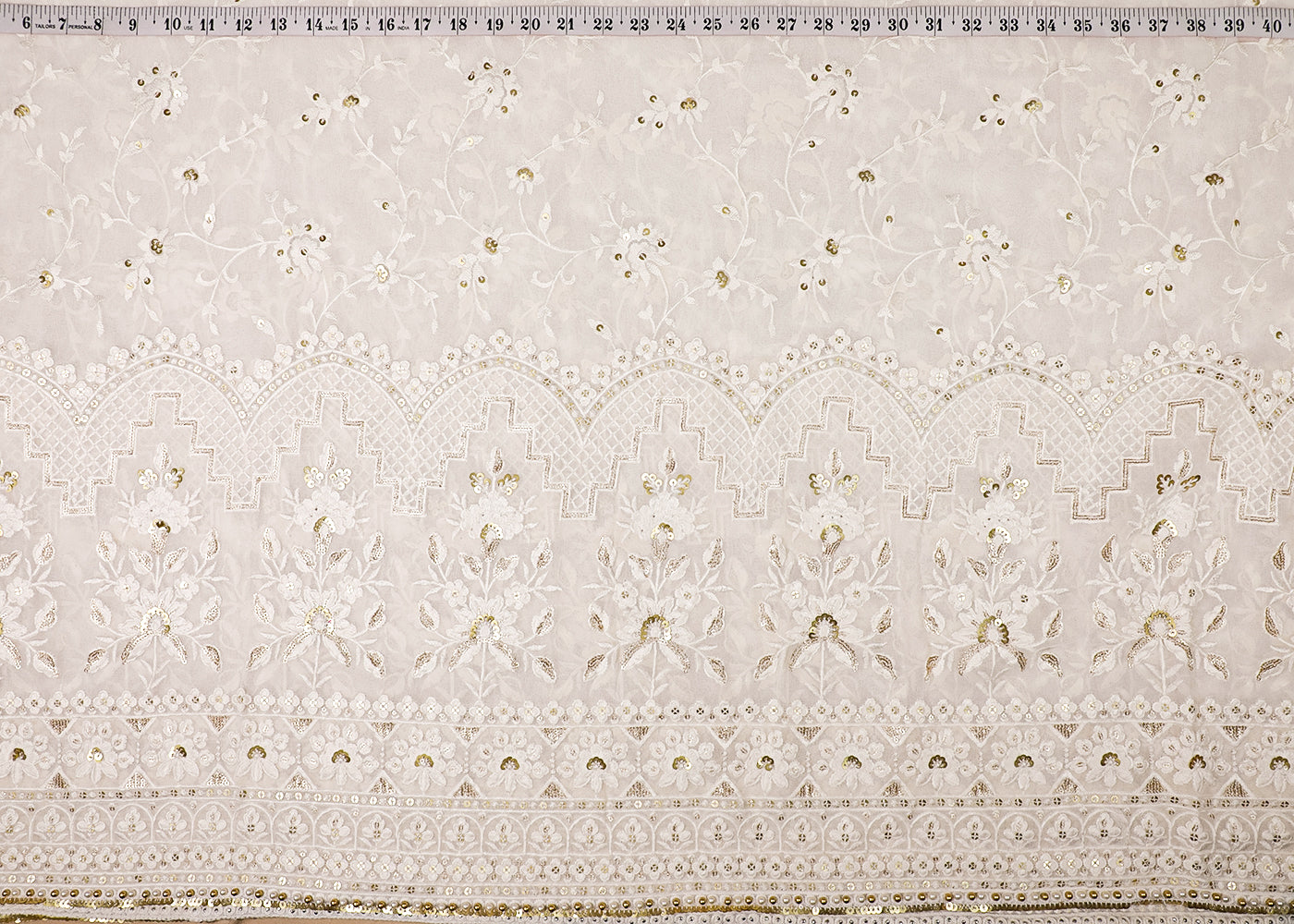 White Georgette Fabric With All Over Thread And Sequins Work With One Side Border 19156