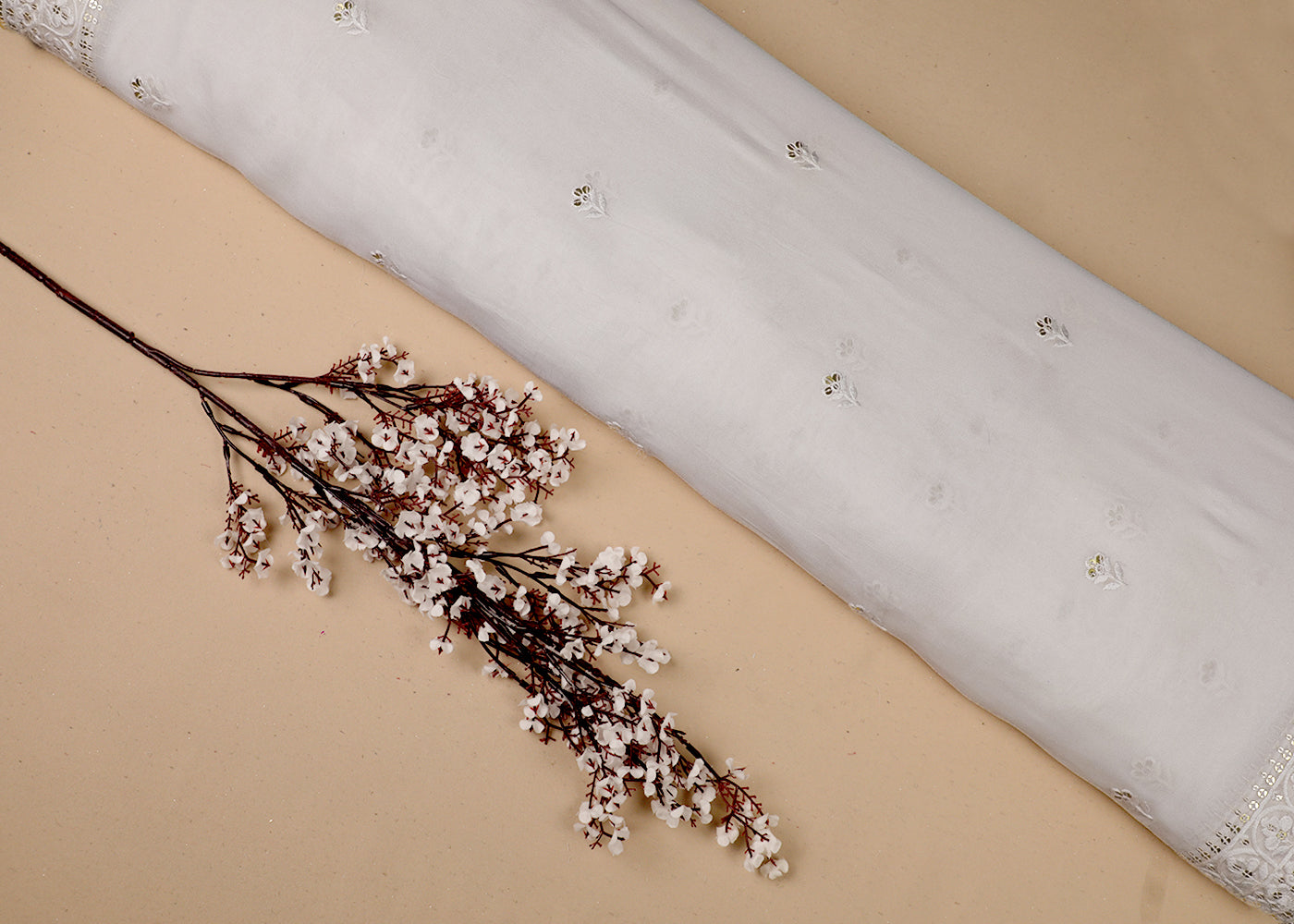 White Organza Fabric With All Over Thread And Sequins Work With Two Side Border 19157