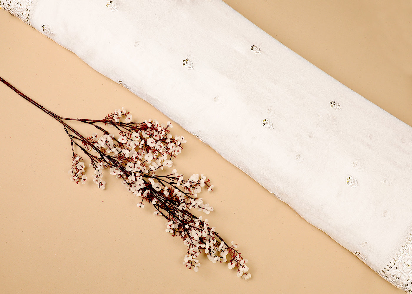 White Dyeable Organza Dupatta Fabric With All Over Thread And Sequins Work With Two Side Border 19157