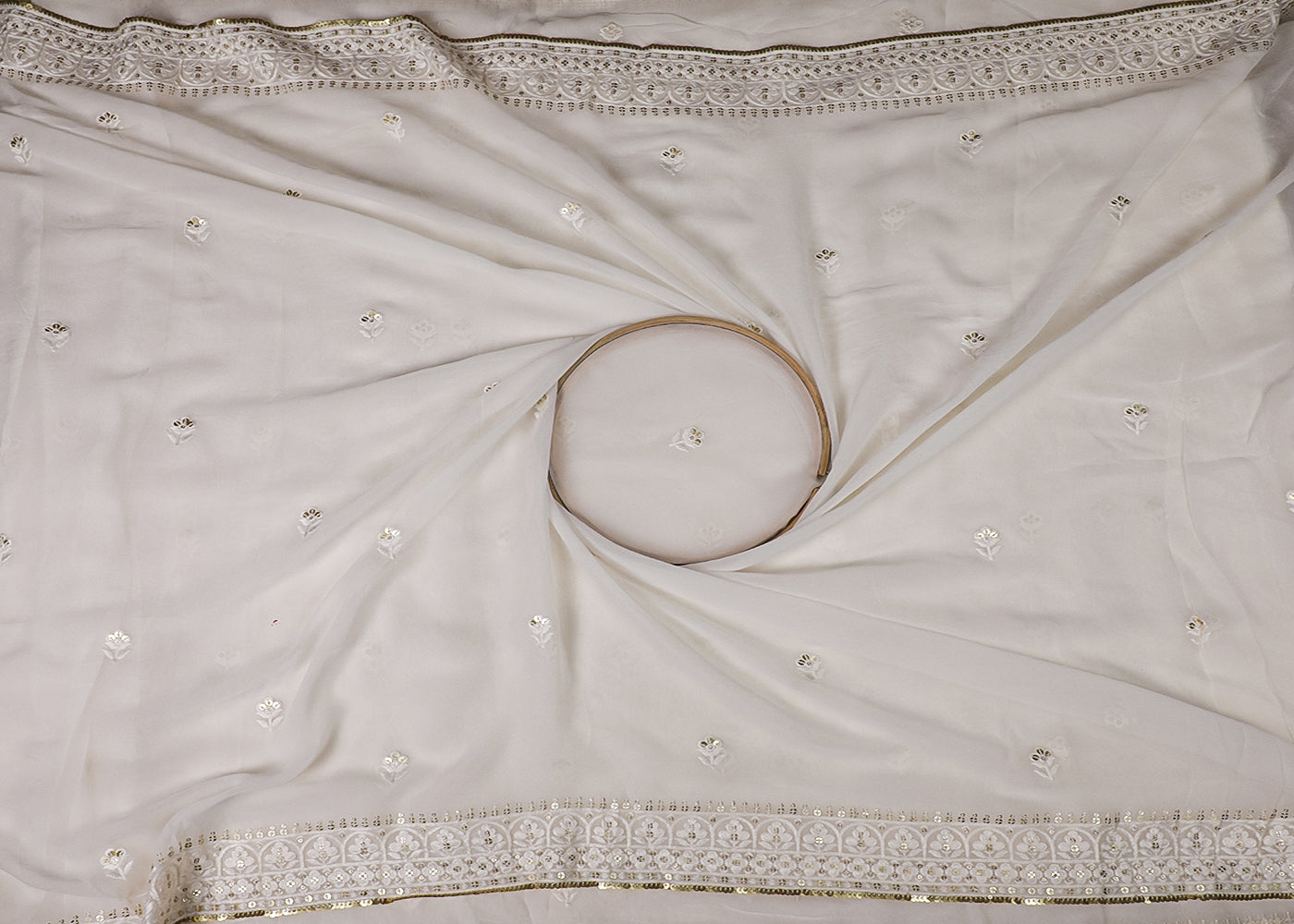 White Organza Fabric With All Over Thread And Sequins Work With Two Side Border 19157