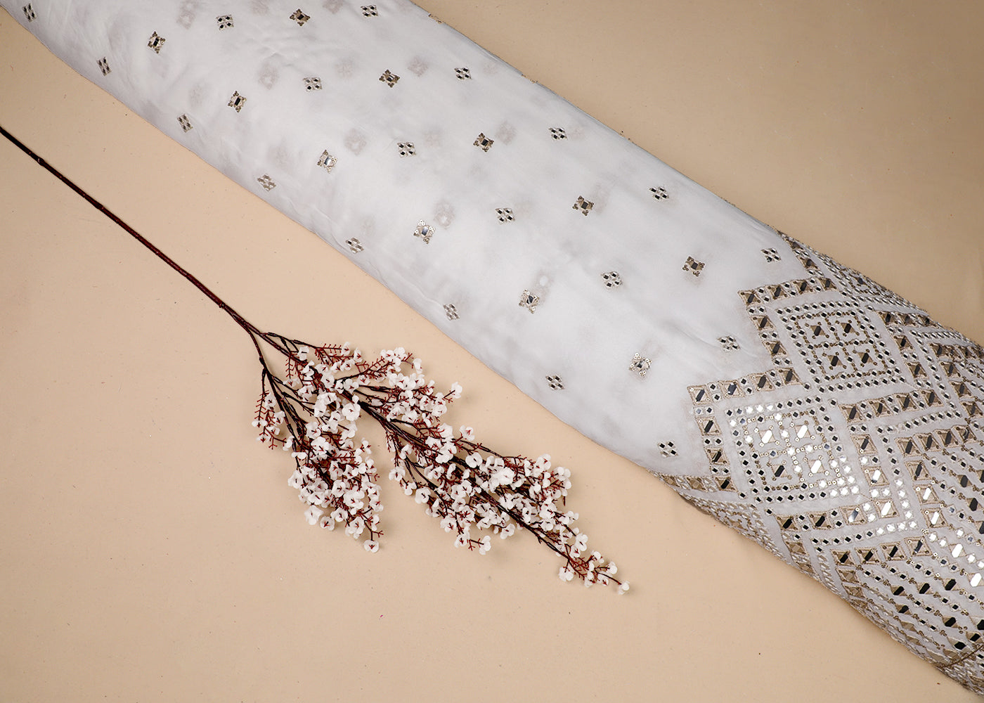 White Georgette Fabric With All Over Thread, Faux Mirror And Sequins Work With One Side Border 19158