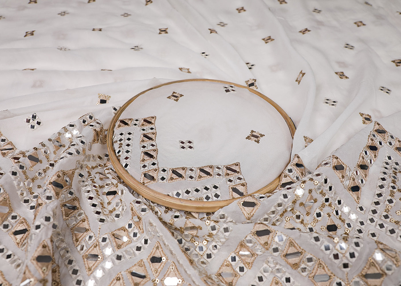 White Georgette Fabric With All Over Thread, Faux Mirror And Sequins Work With One Side Border 19158