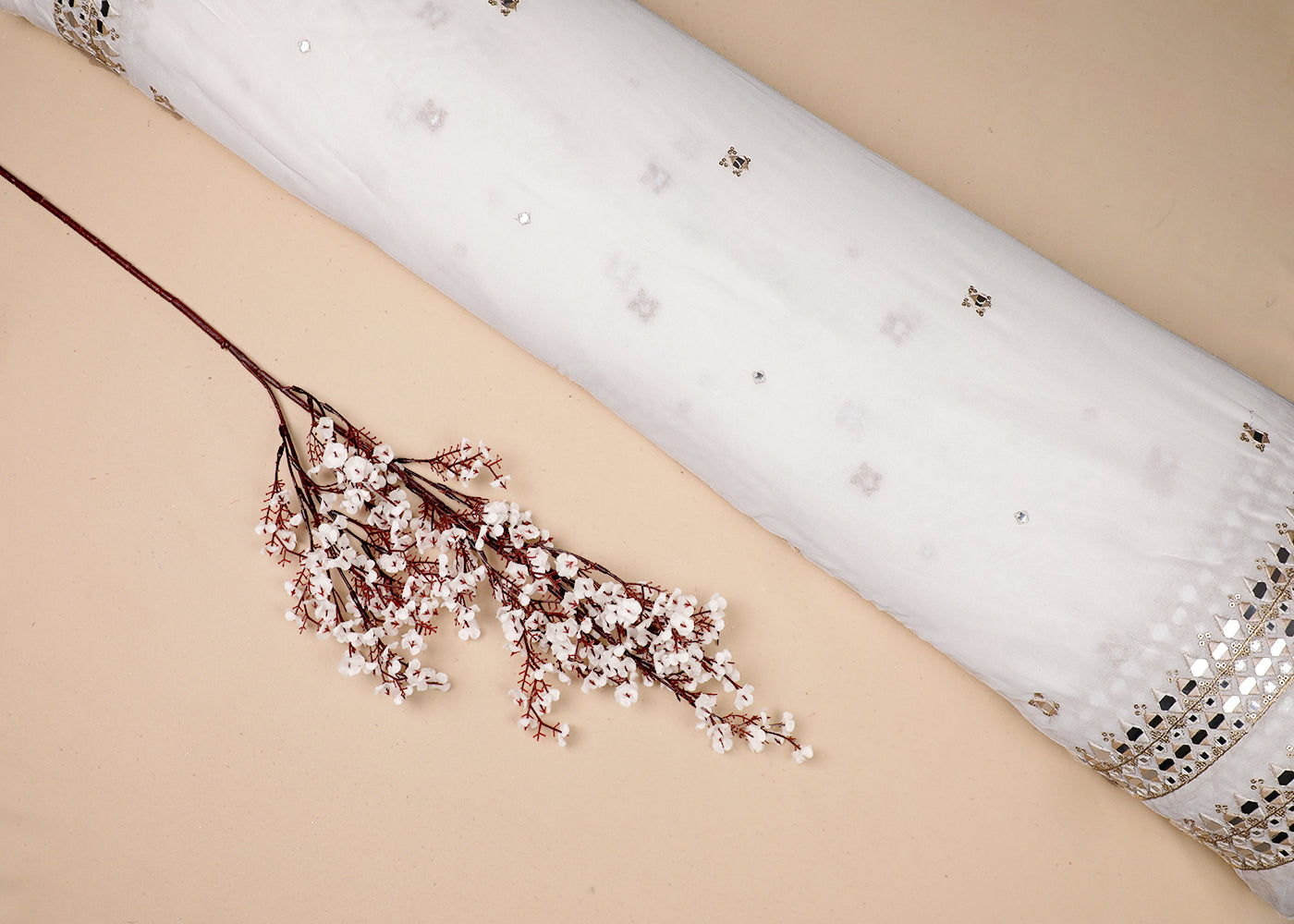 White Organza Fabric With All Over Thread, Faux Mirror And Sequins Work With Two Side Border 19159