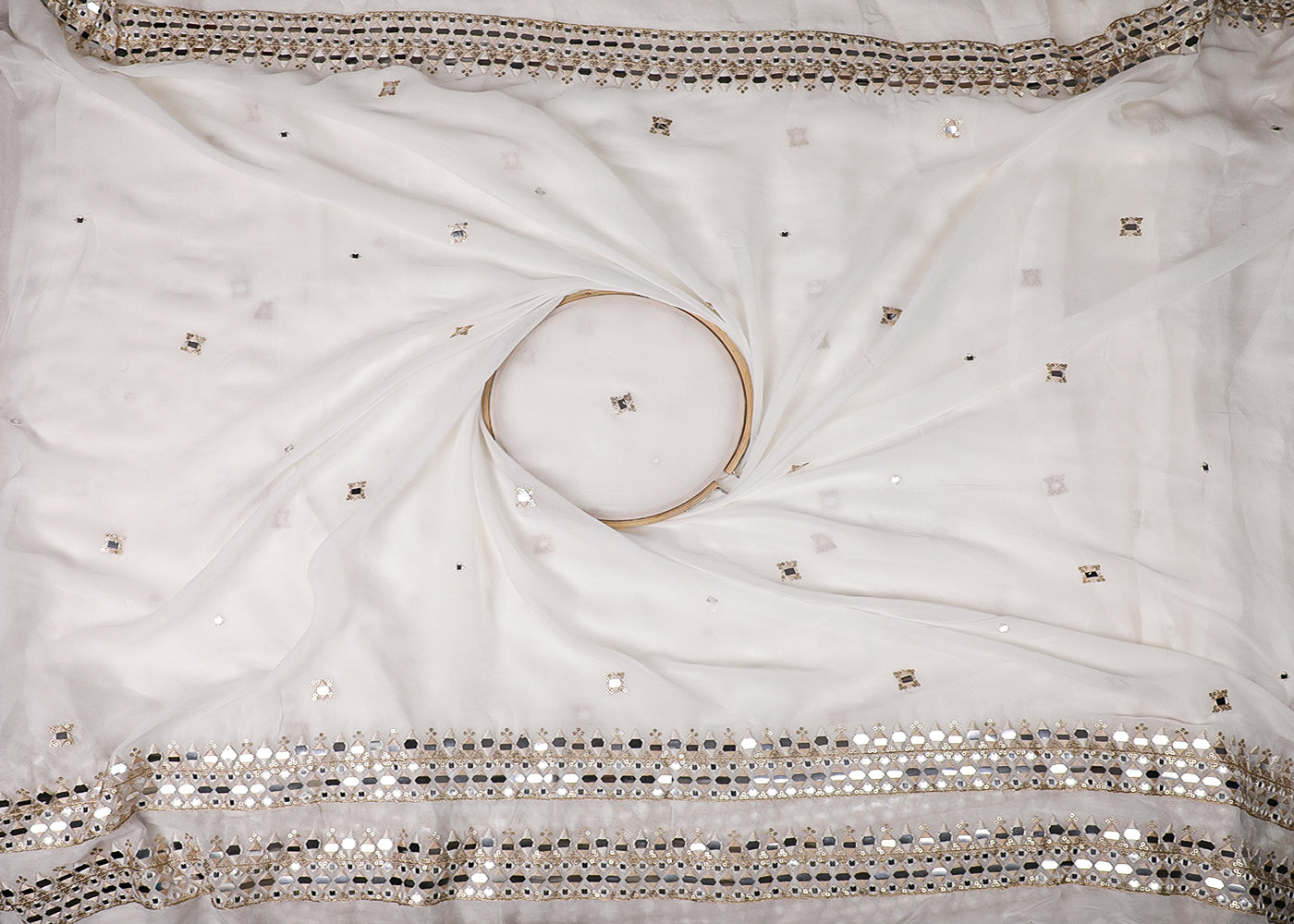 White Organza Fabric With All Over Thread, Faux Mirror And Sequins Work With Two Side Border 19159