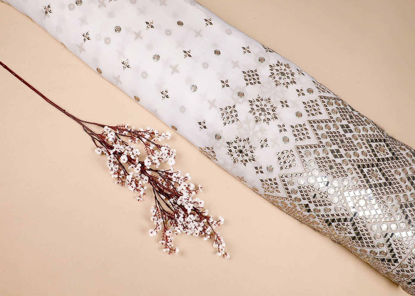 White Georgette Fabric With All Over Zari, Sequins And Faux Mirror Work With One Side Border 19160