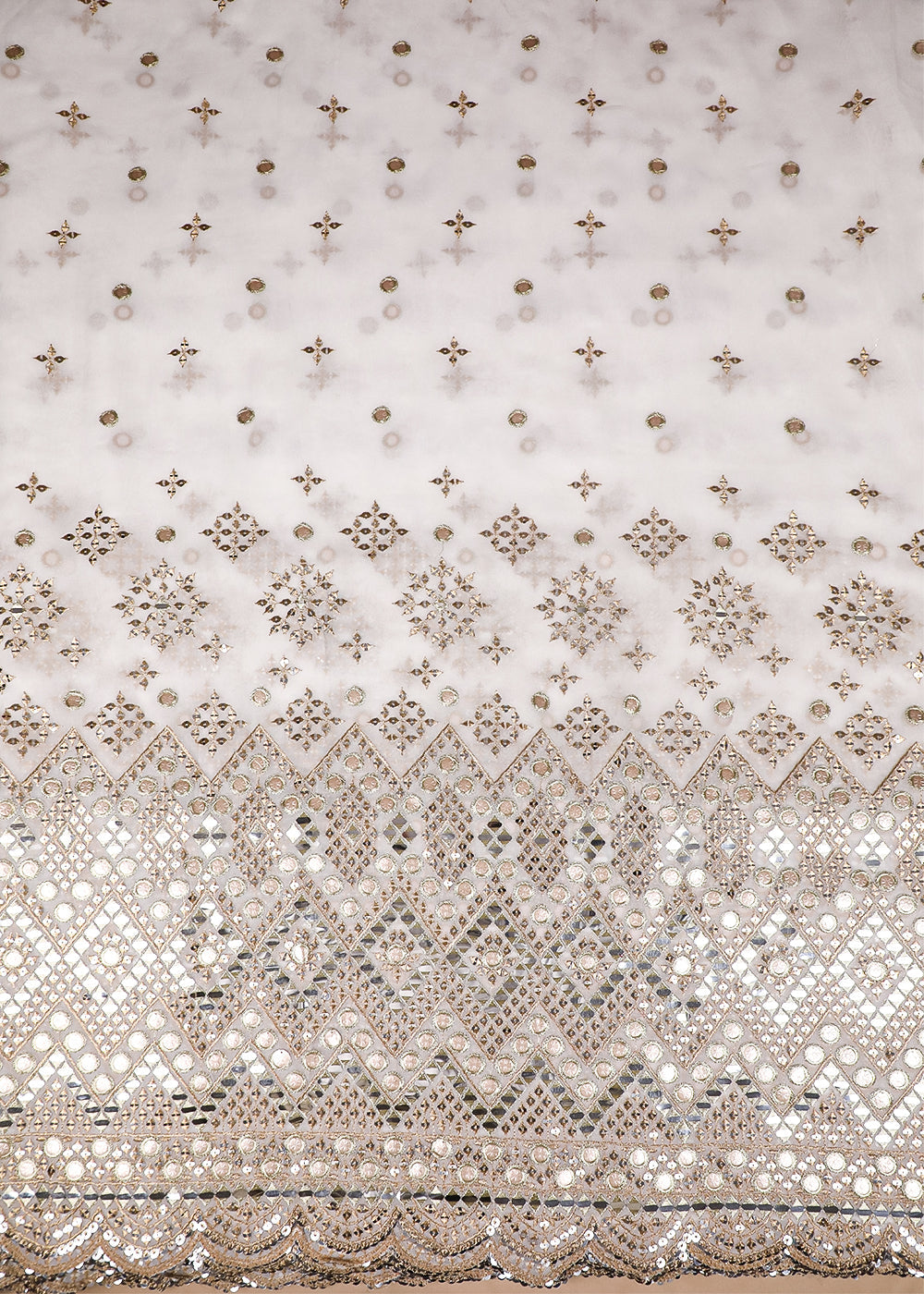 White Georgette Fabric With All Over Zari, Sequins And Faux Mirror Work With One Side Border 19160