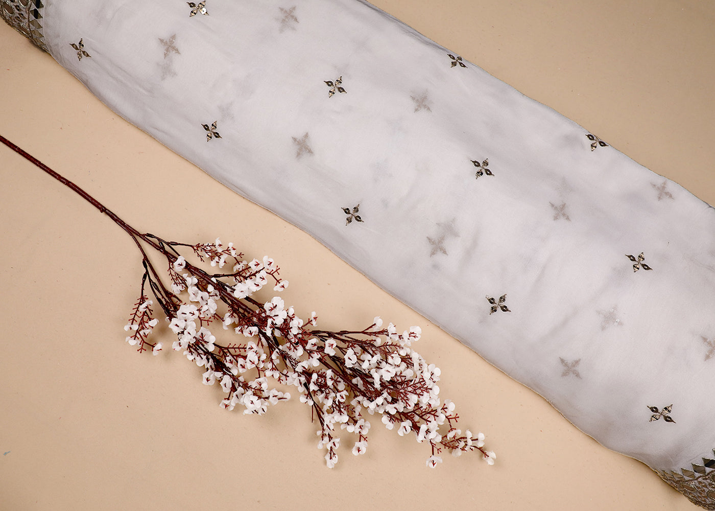 White Georgette Fabric With All Over Zari, Sequins And Faux Mirror Work With Two Side Border 19161