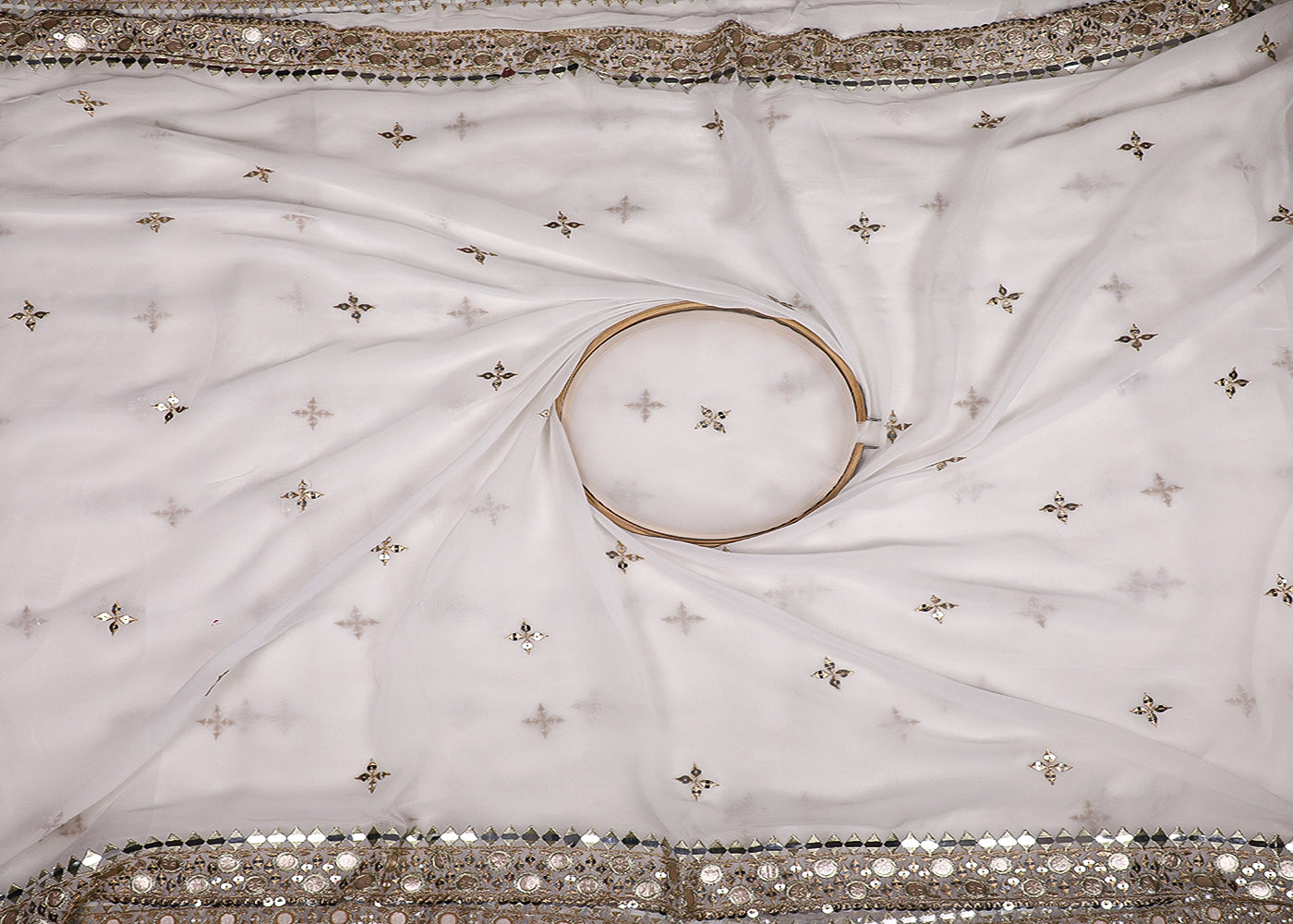 White Georgette Fabric With All Over Zari, Sequins And Faux Mirror Work With Two Side Border 19161