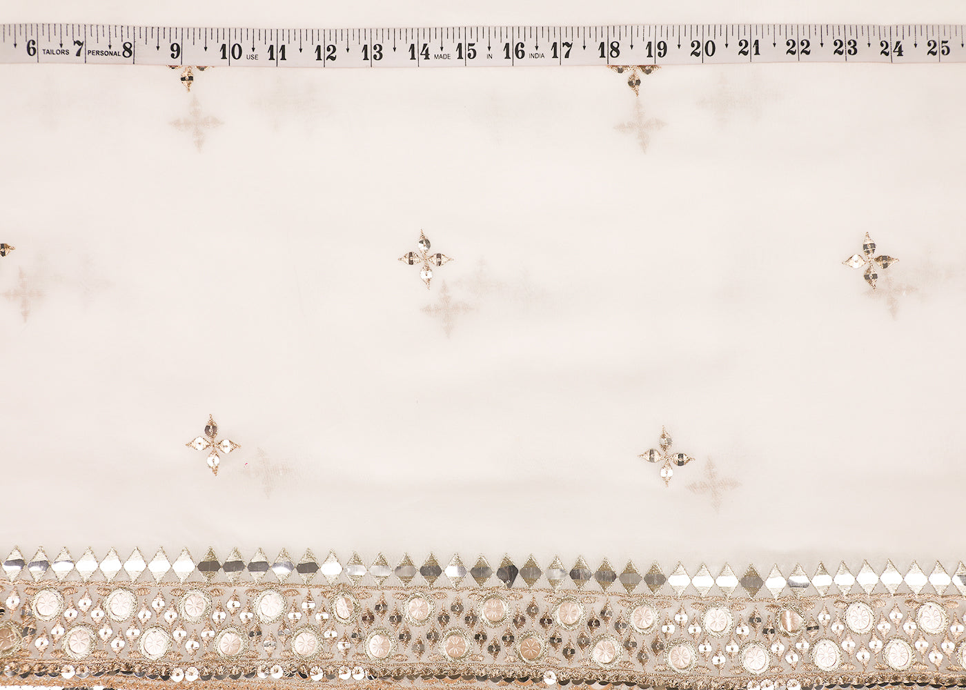 White Georgette Dupatta Fabric With All Over Zari, Sequins And Faux Mirror Work With Two Side Border 19161