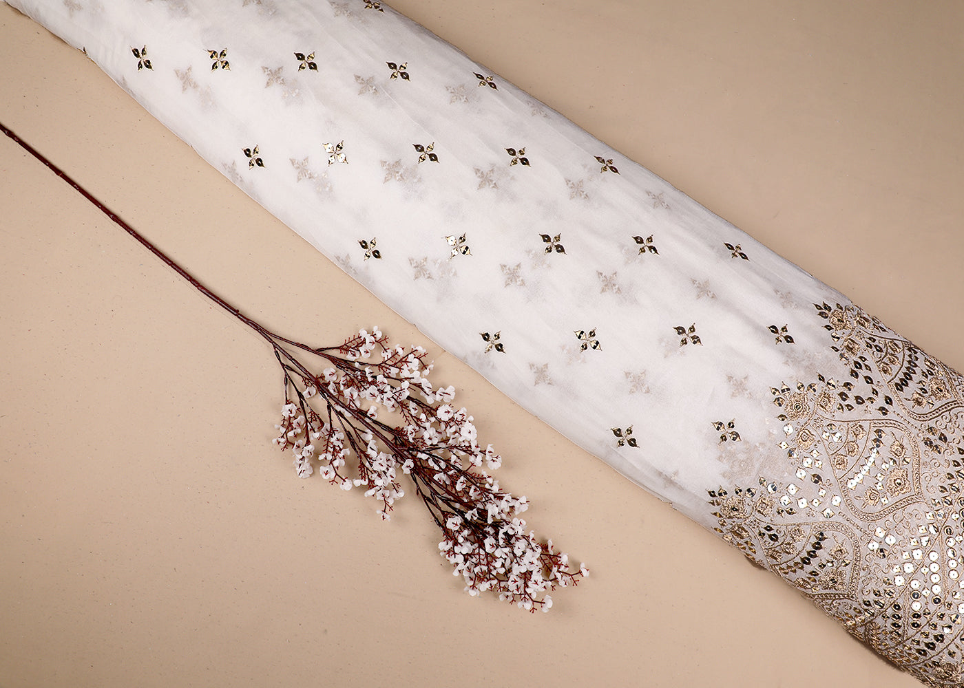 White Georgette Fabric With All Over Sequins And Zari Work With One Side Border 19162
