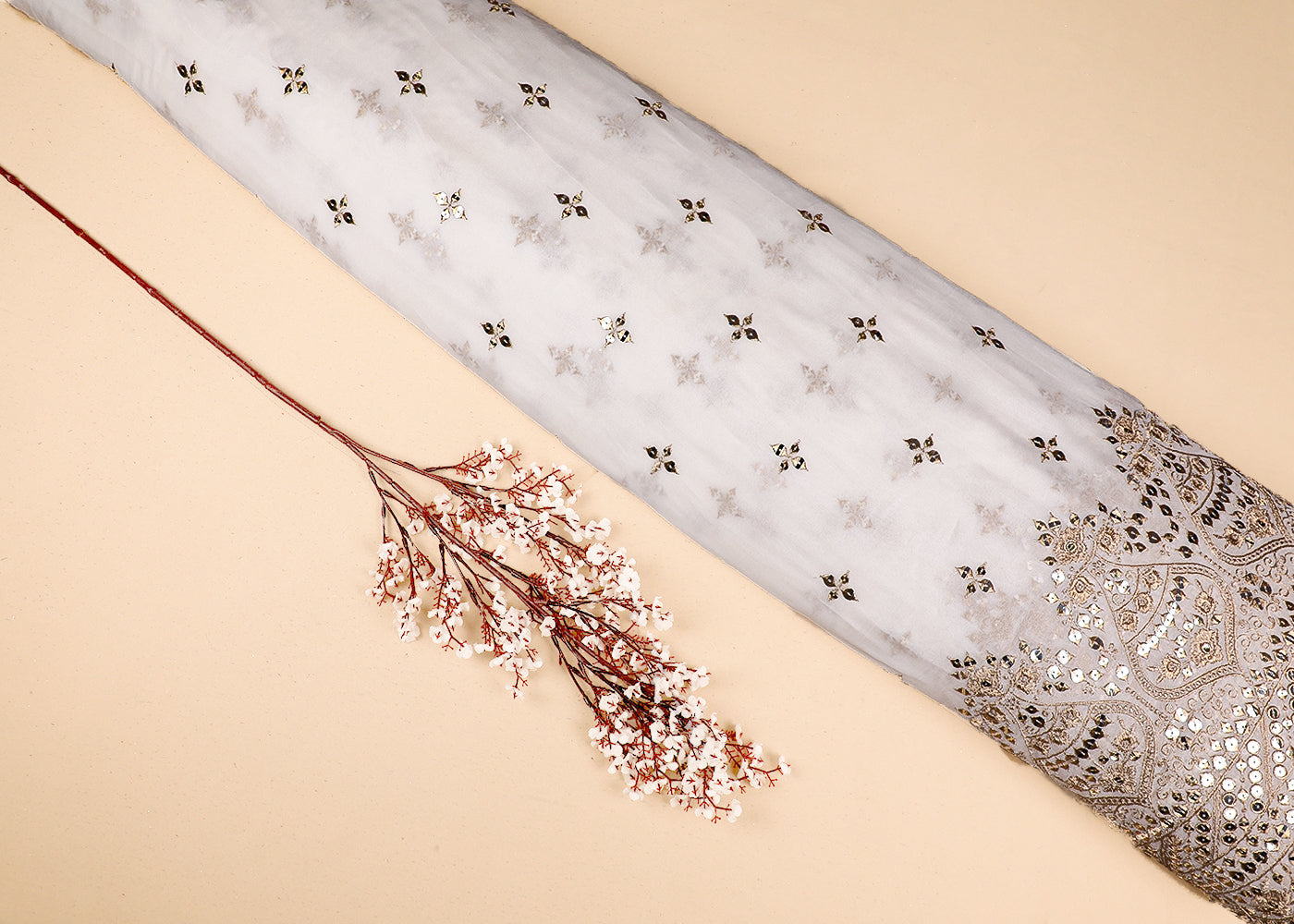 White Georgette Fabric With All Over Sequins And Zari Work With One Side Border 19162