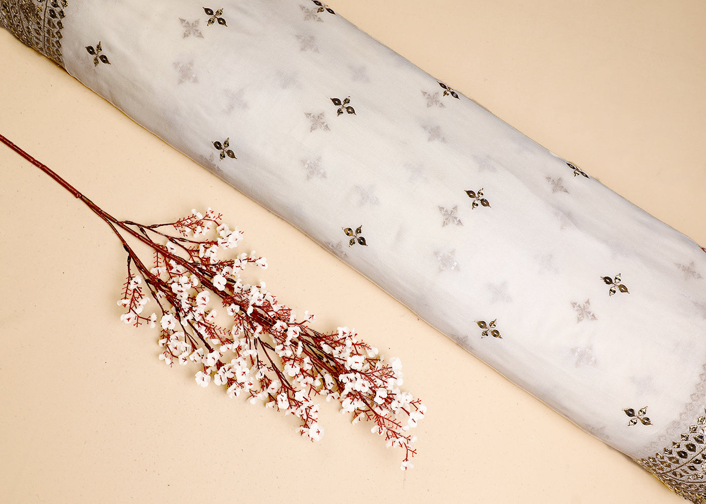 White Georgette Dupatta Fabric With All Over Sequins And Zari Work With Two Side Border 19163