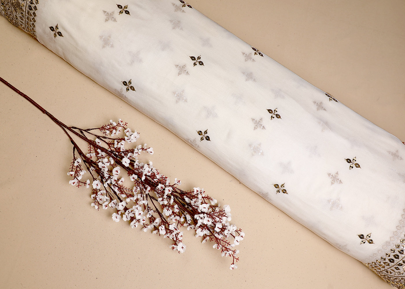White Georgette Fabric With All Over Sequins And Zari Work With Two Side Border 19163