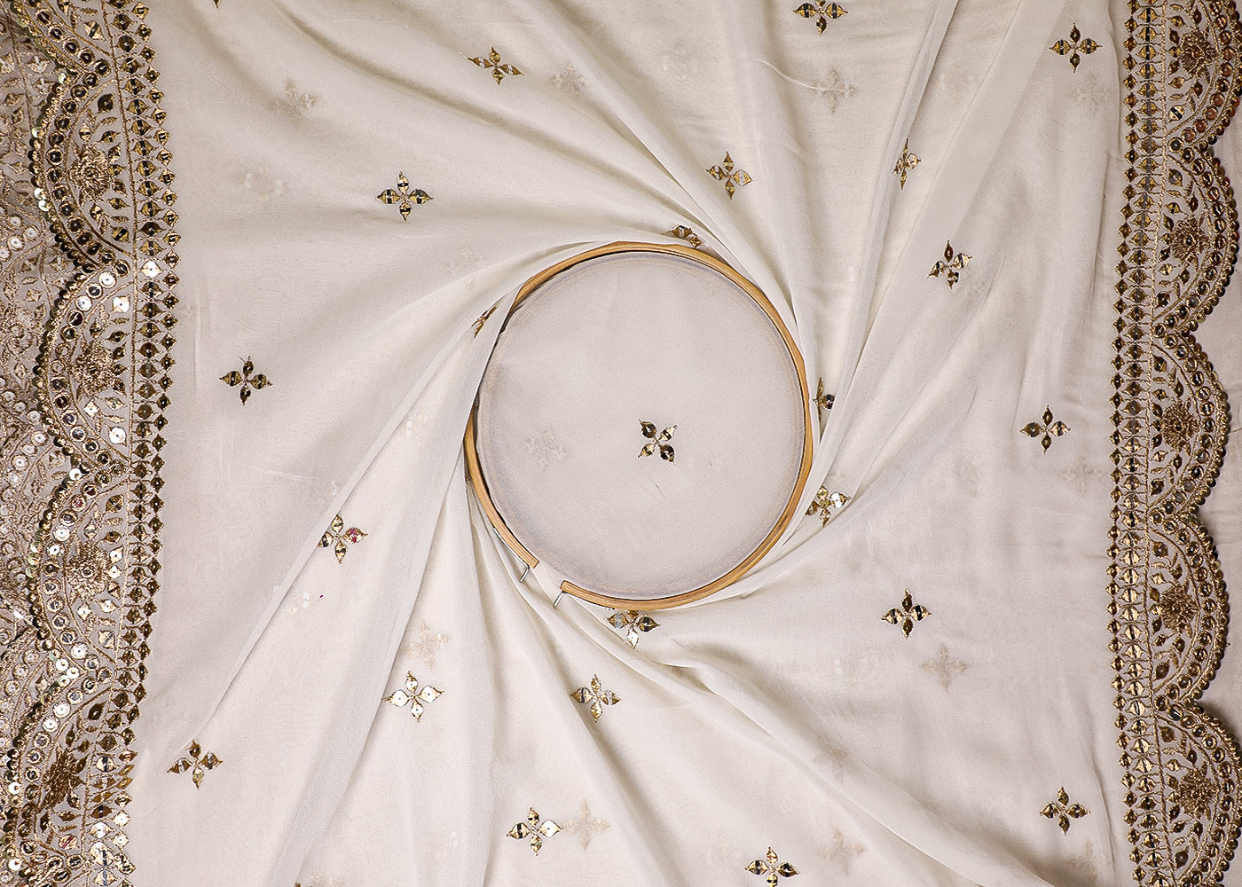 White Georgette Fabric With All Over Sequins And Zari Work With Two Side Border 19163