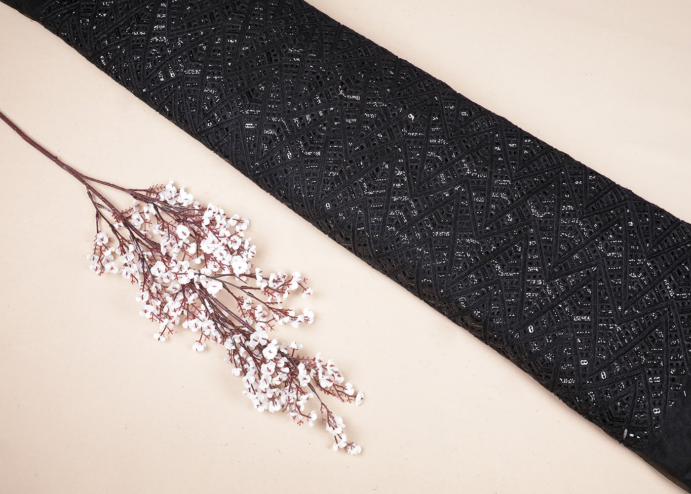 Black Net Fabric With All Over Thread And Sequins Work 19166