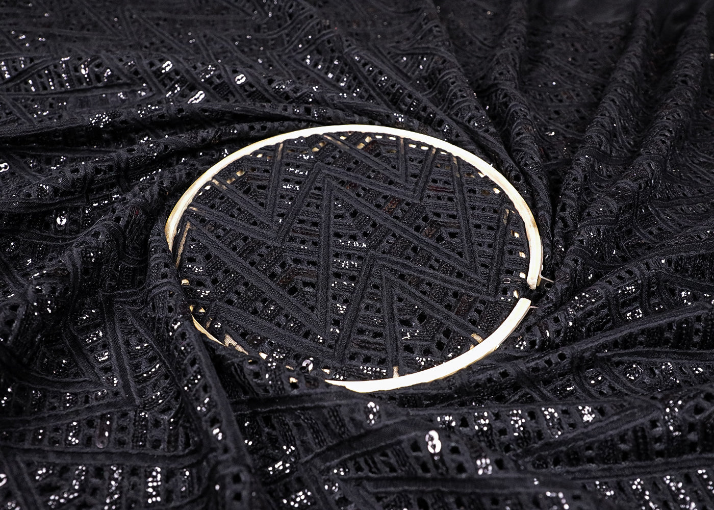 Black Net Fabric With All Over Thread And Sequins Work 19166