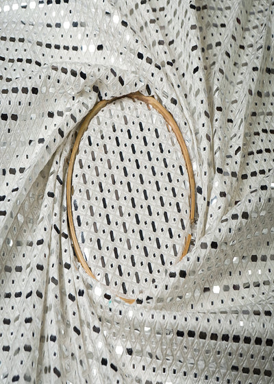 White Silk Dupion Fabric With All Over Thread And Faux Mirror Work 19168