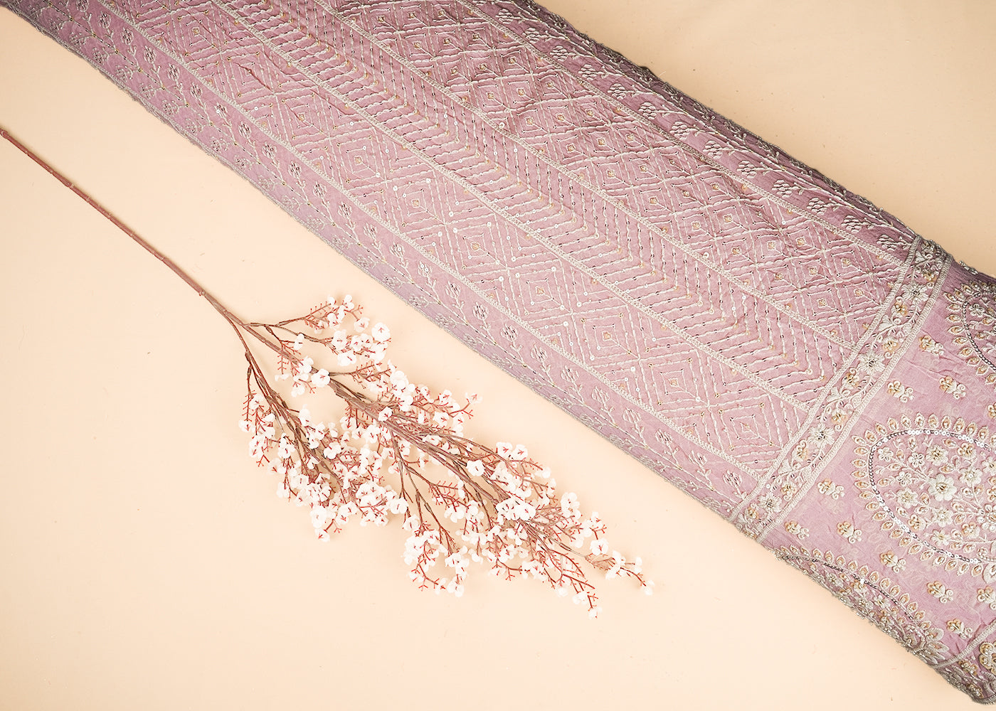 Pastel Pink Georgette Fabric With All Over Thread, Sequins And Bead Work With One Side Border 19169