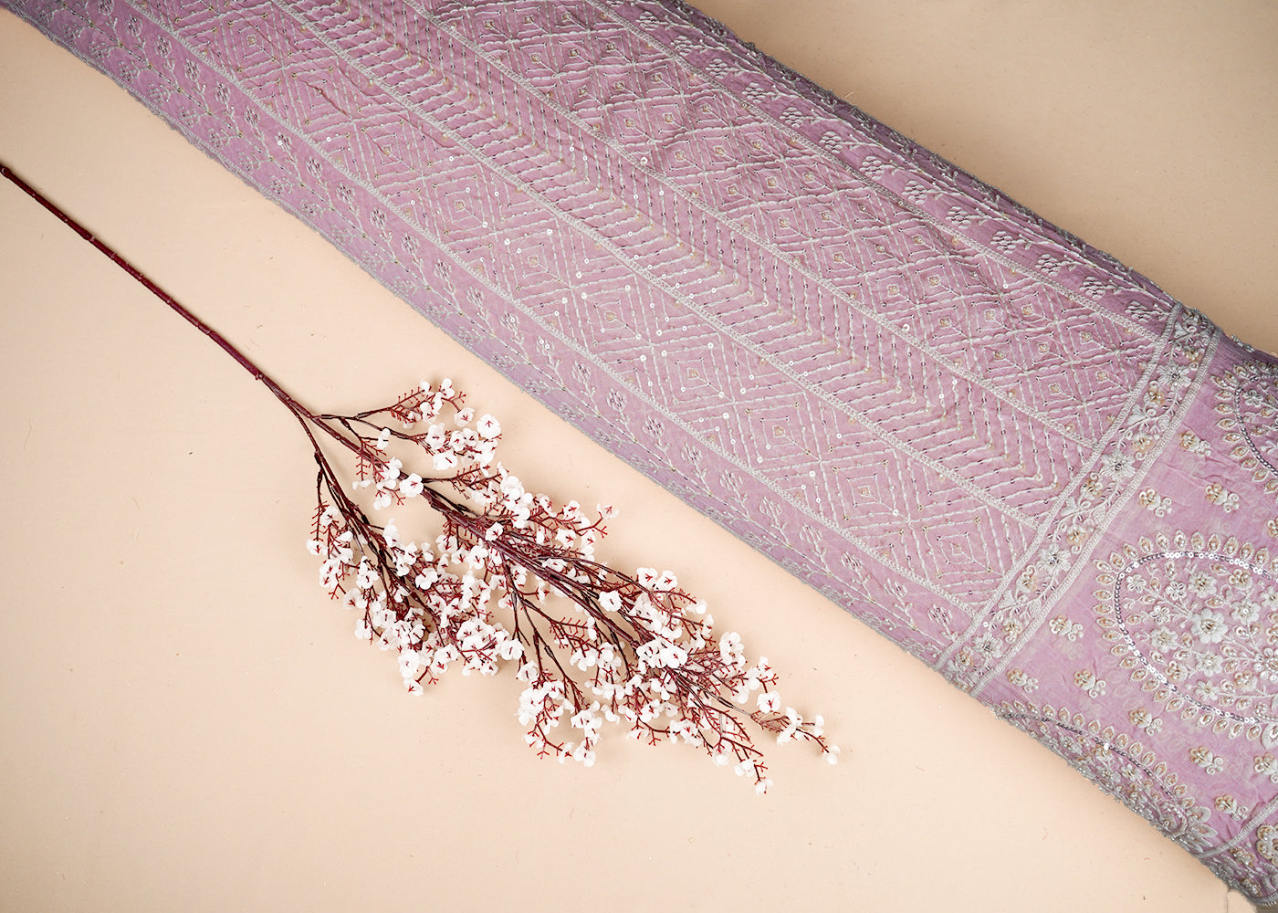 Pastel Pink Georgette Fabric With All Over Thread, Sequins And Bead Work With One Side Border 19169
