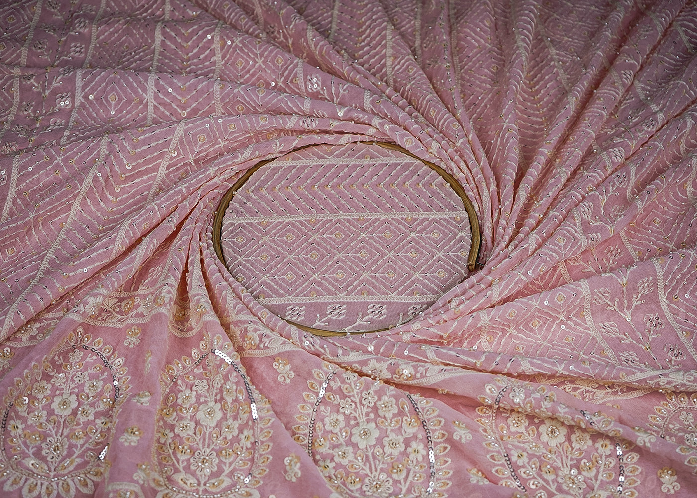 Pastel Pink Georgette Fabric With All Over Thread, Sequins And Bead Work With One Side Border 19169