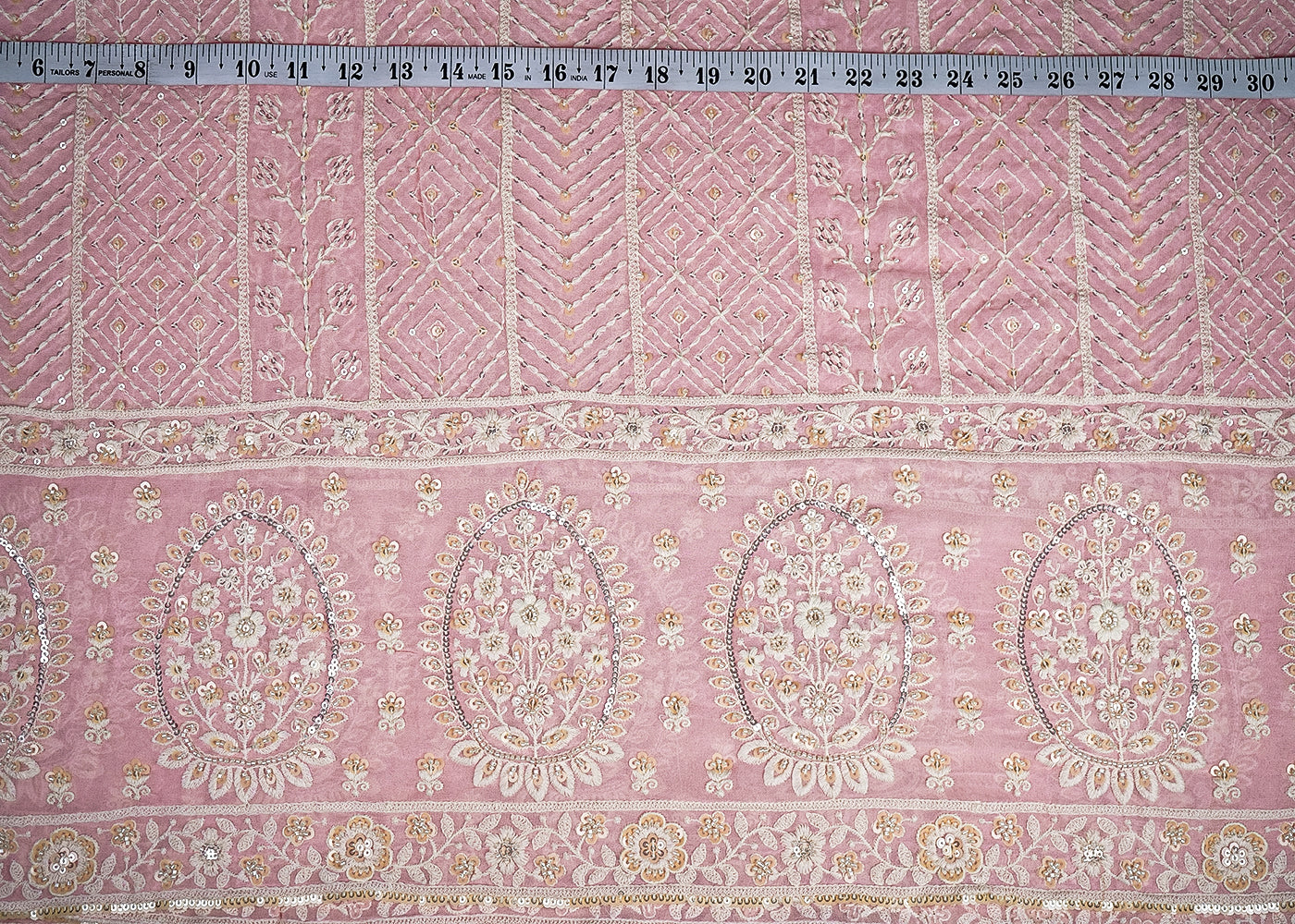 Pastel Pink Georgette Fabric With All Over Thread, Sequins And Bead Work With One Side Border 19169