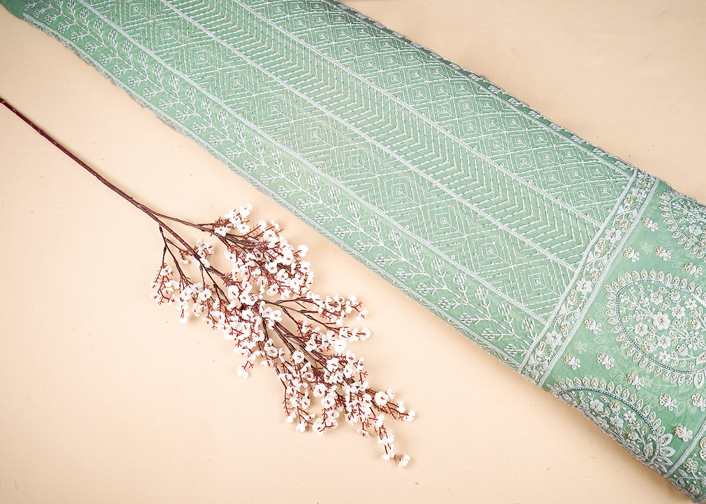 Pastel Green Georgette Fabric With All Over Thread, Sequins And Bead Work With One Side Border 19170