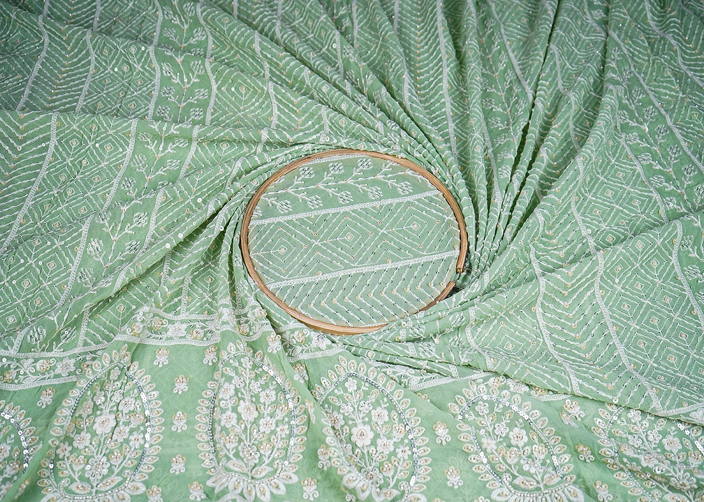Pastel Green Georgette Fabric With All Over Thread, Sequins And Bead Work With One Side Border 19170