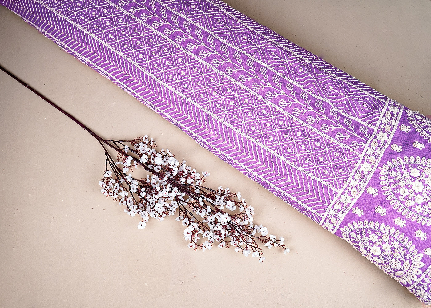 Lavender Georgette Fabric With All Over Thread, Sequins And Bead Work With One Side Border 19171