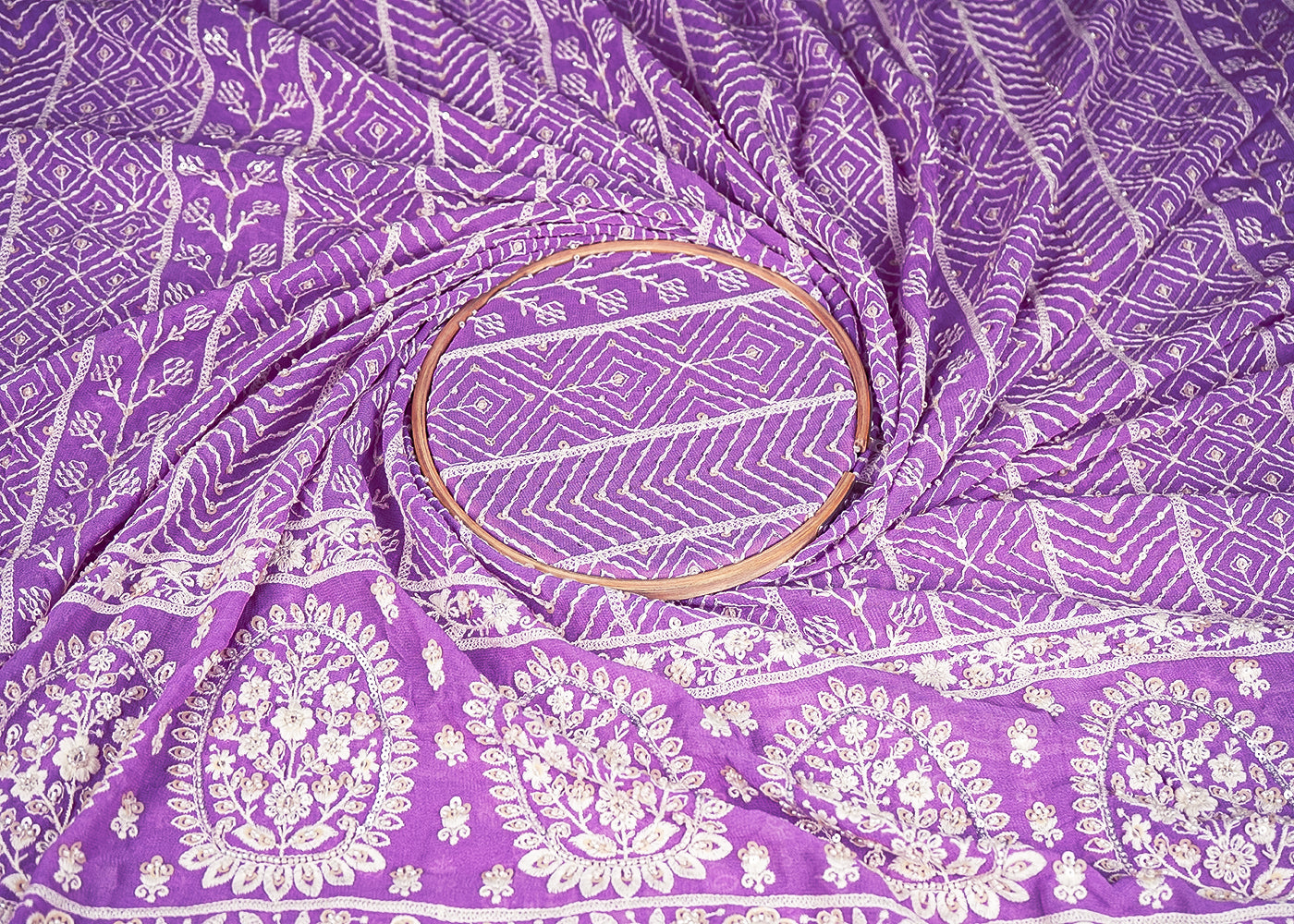 Lavender Georgette Fabric With All Over Thread, Sequins And Bead Work With One Side Border 19171