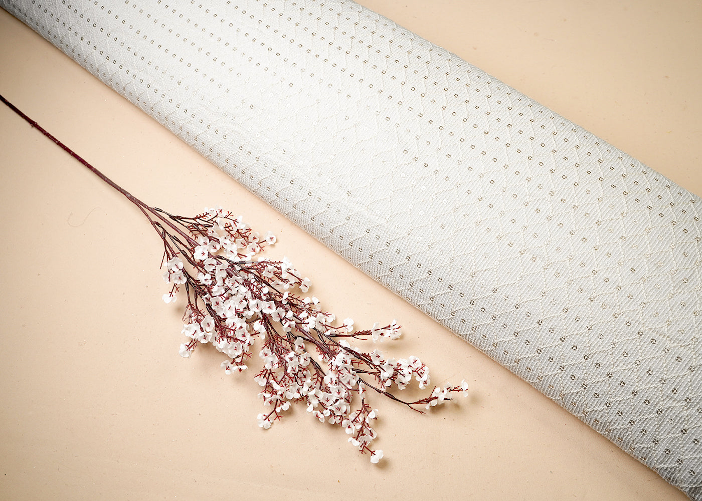 White Georgette Fabric With All Over Thread And Sequins Work 19172