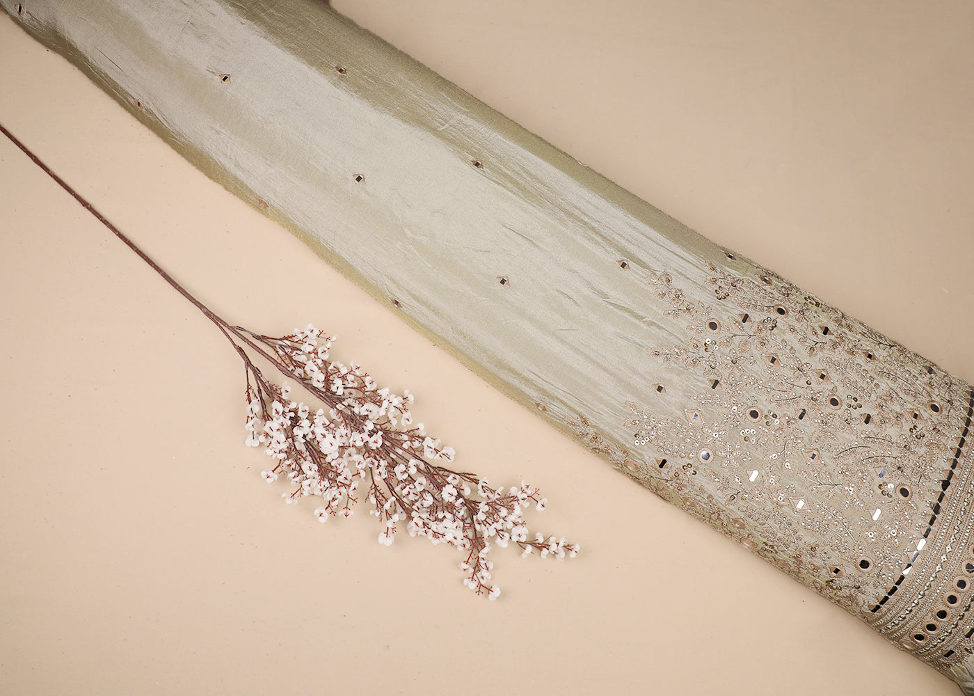 White Tissue Fabric With All Over Thread, Sequins And Faux Mirror Work With One Side Border 19173