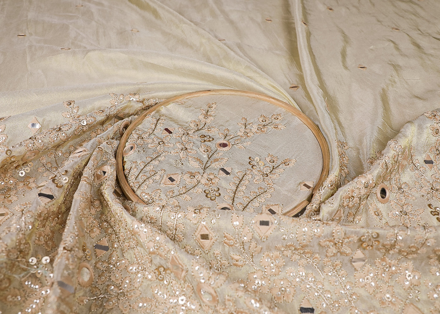White Tissue Fabric With All Over Thread, Sequins And Faux Mirror Work With One Side Border 19173