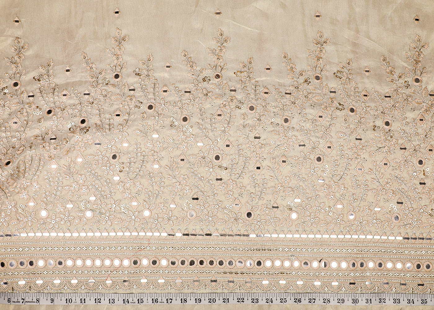 Golden Tissue Fabric With All Over Thread, Sequins And Faux Mirror Work With One Side Border 19173