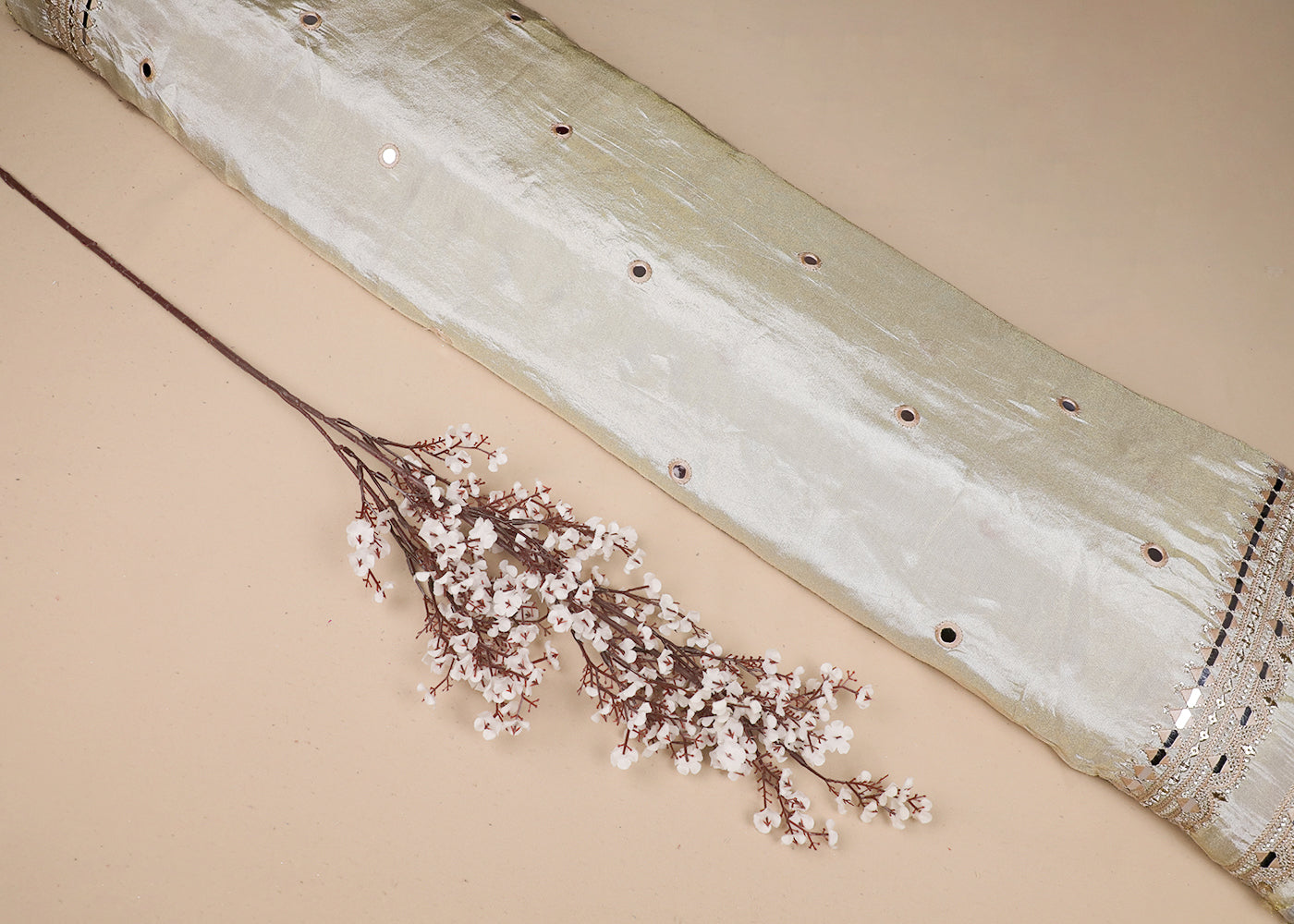 White Tissue Fabric With All Over Thread, Sequins And Faux Mirror Work With One Side Border 19174