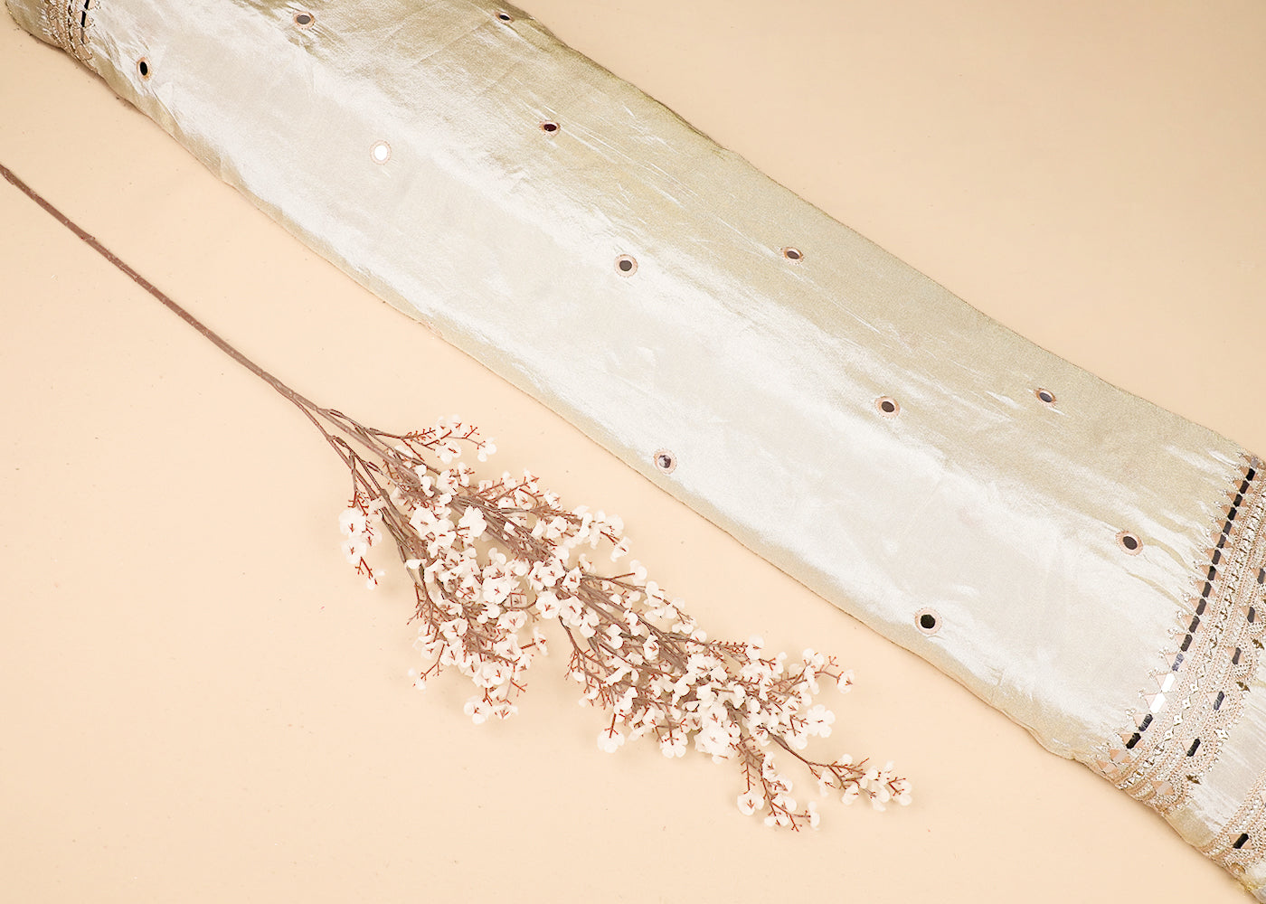 White Tissue Fabric With All Over Thread, Sequins And Faux Mirror Work With One Side Border 19174