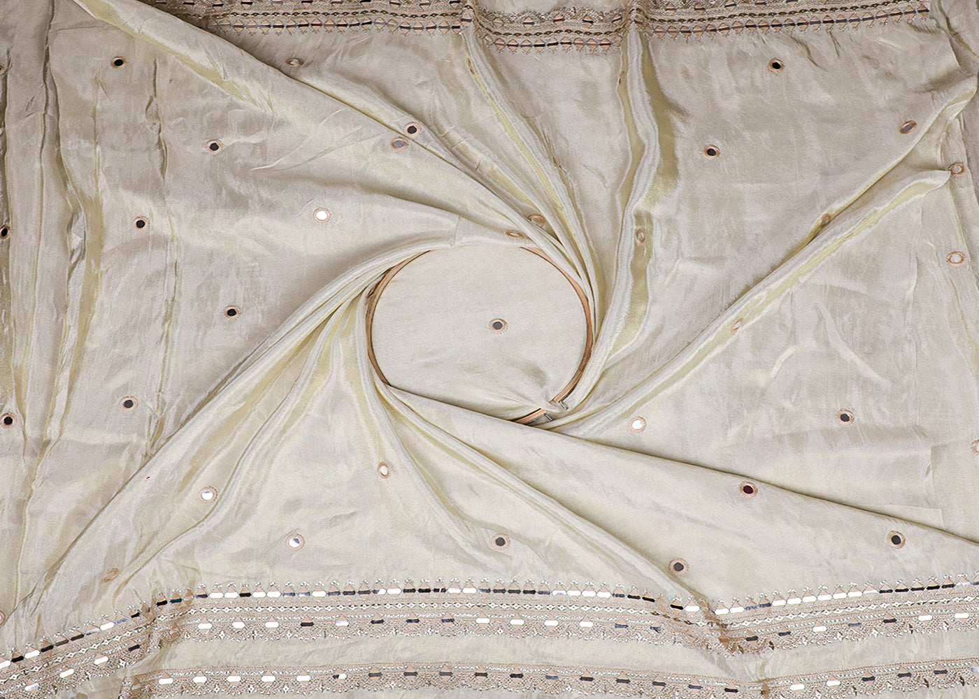 White Tissue Fabric With All Over Thread, Sequins And Faux Mirror Work With One Side Border 19174
