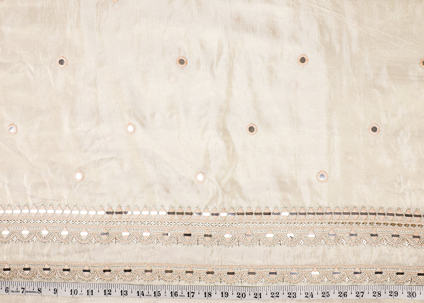 White Tissue Fabric With All Over Thread, Sequins And Faux Mirror Work With One Side Border 19174