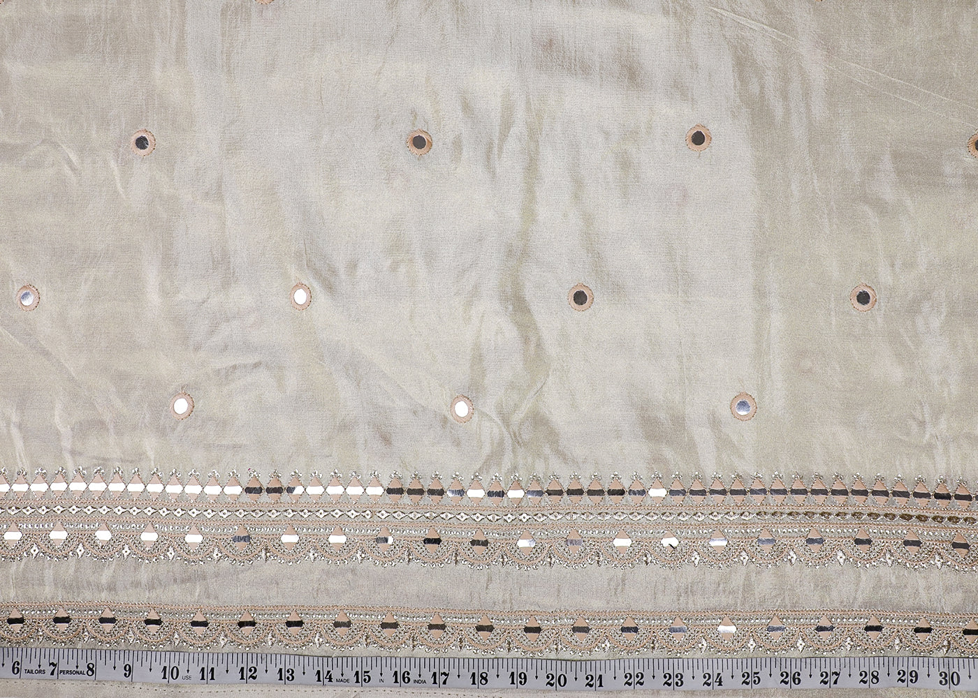 White Tissue Fabric With All Over Thread, Sequins And Faux Mirror Work With One Side Border 19174