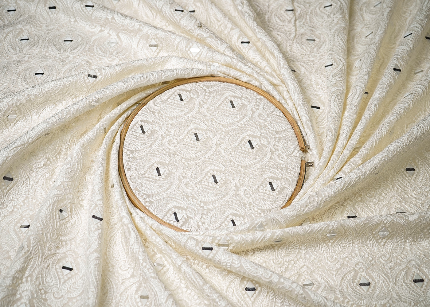 White Silk Dupion Fabric With All Over Thread And Faux Mirror Work 19175
