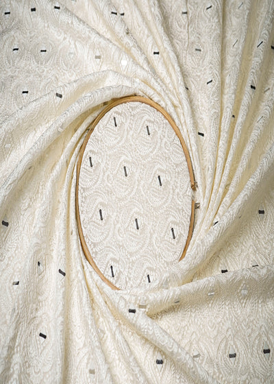 White Dyeable Silk Dupion Fabric With All Over Thread And Faux Mirror Work 19175