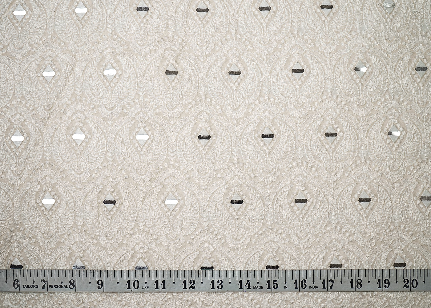 White Silk Dupion Fabric With All Over Thread And Faux Mirror Work 19175