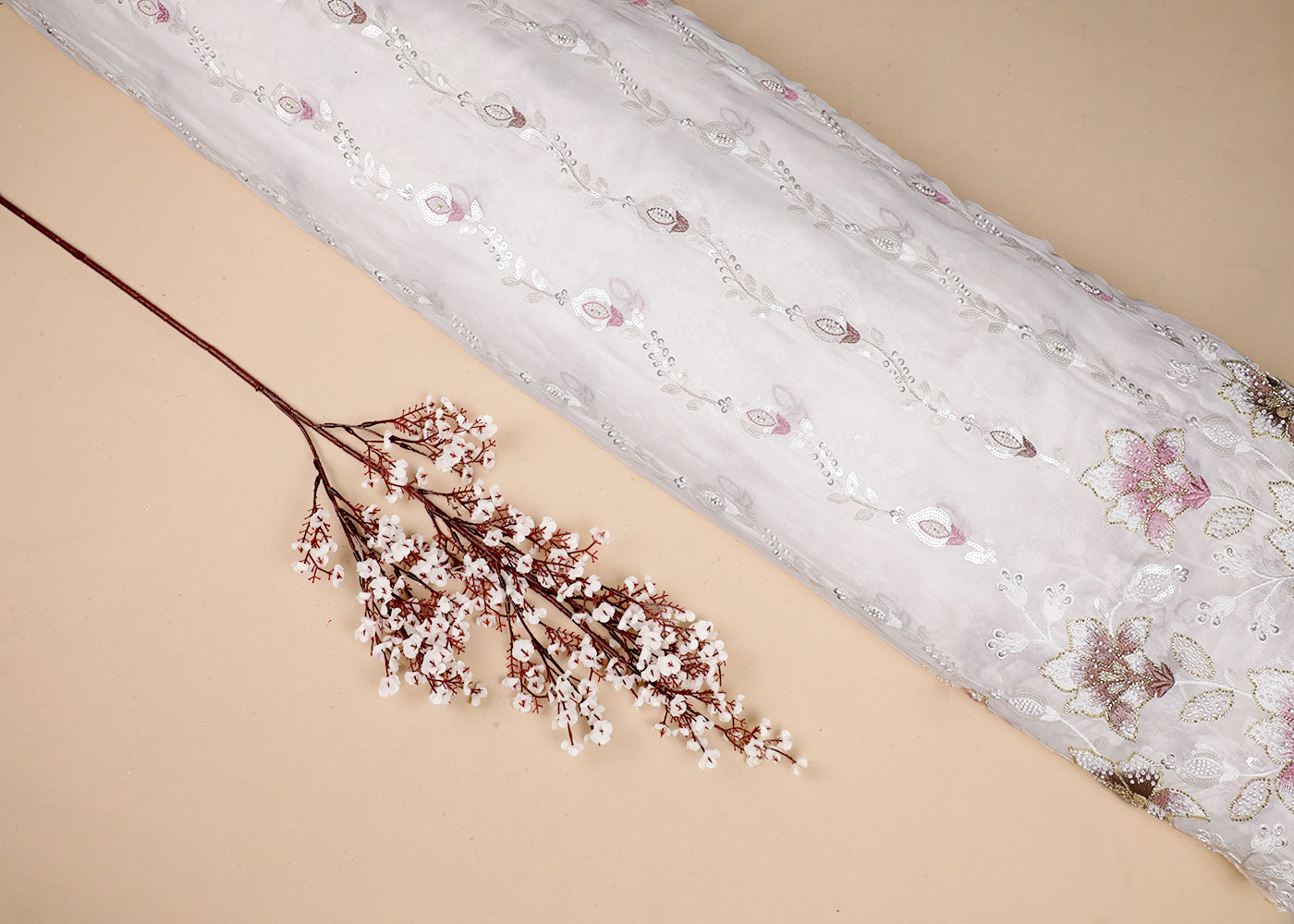 White Georgette Fabric With All Over Thread, Bead And Sequins Work With One Side Border 19176
