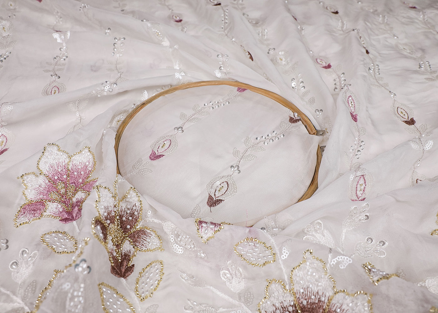 White Georgette Fabric With All Over Thread, Bead And Sequins Work With One Side Border 19176