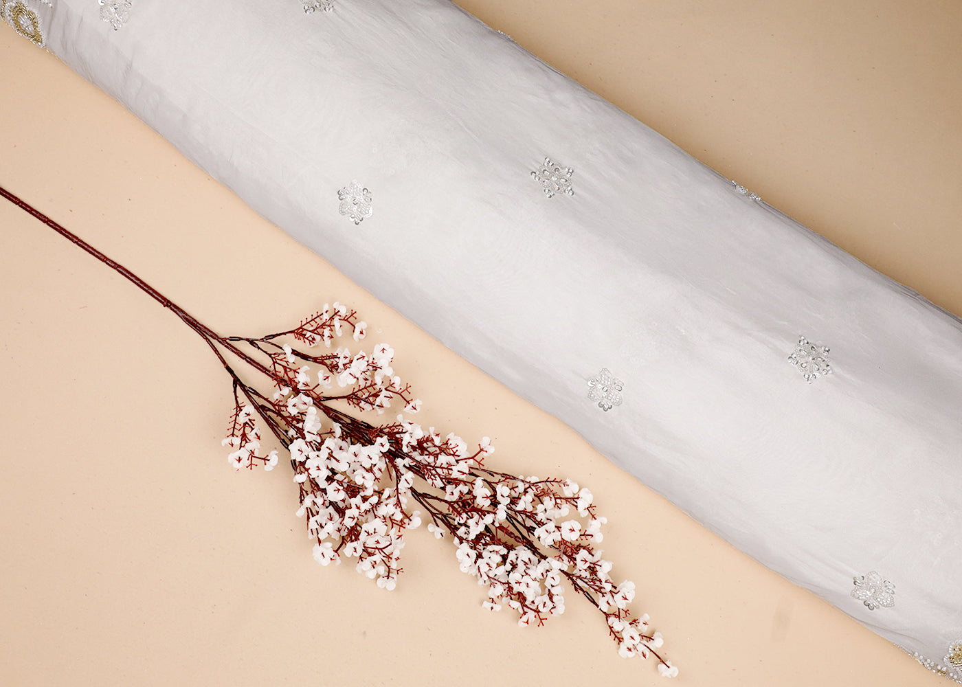 White Organza Fabric With All Over Bead And Sequins Work With Two Side Border 19177