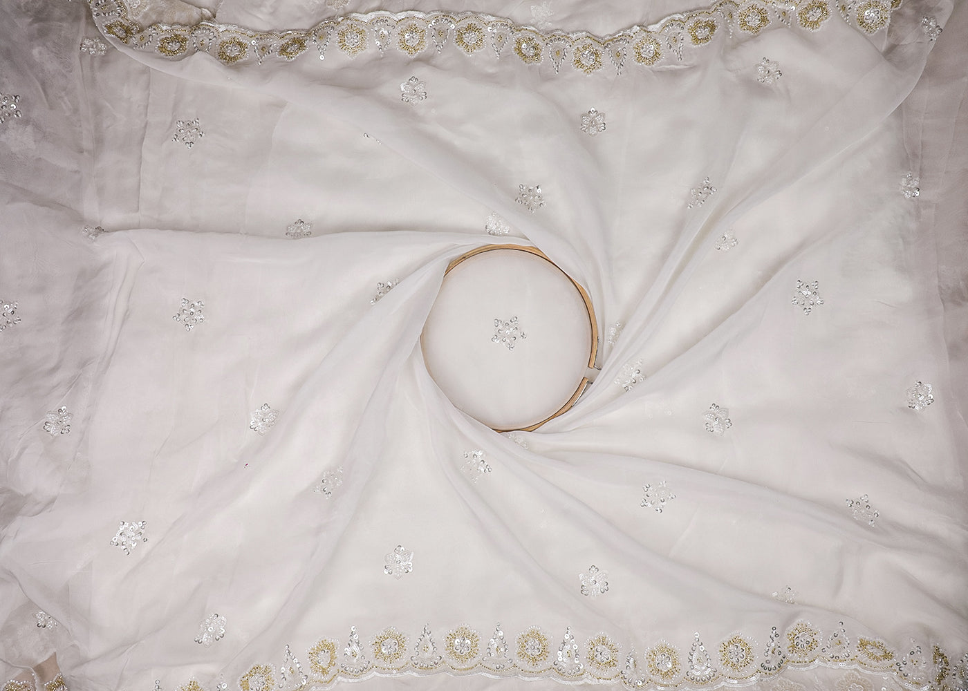 White Organza Fabric With All Over Bead And Sequins Work With Two Side Border 19177