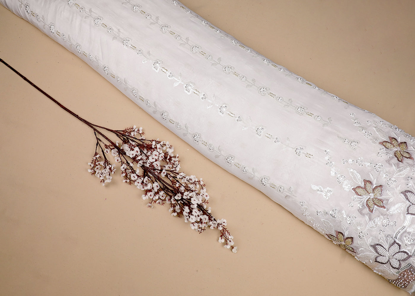 White Georgette Fabric With All Over Thread, Bead And Sequins Work With One Side Border 19178