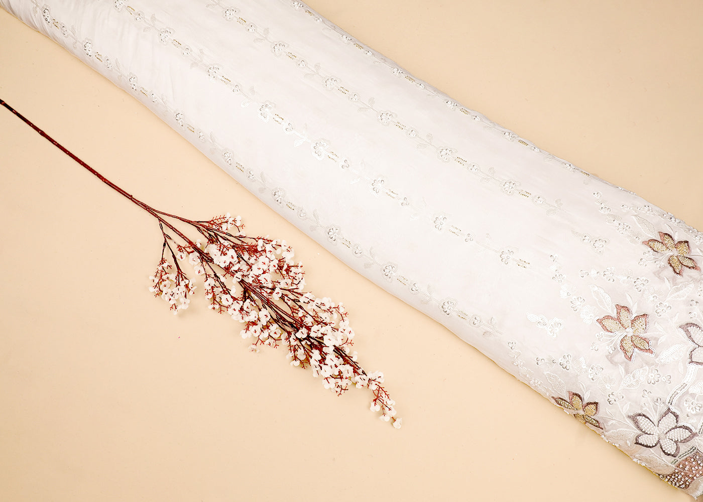 White Georgette Fabric With All Over Thread, Bead And Sequins Work With One Side Border 19178