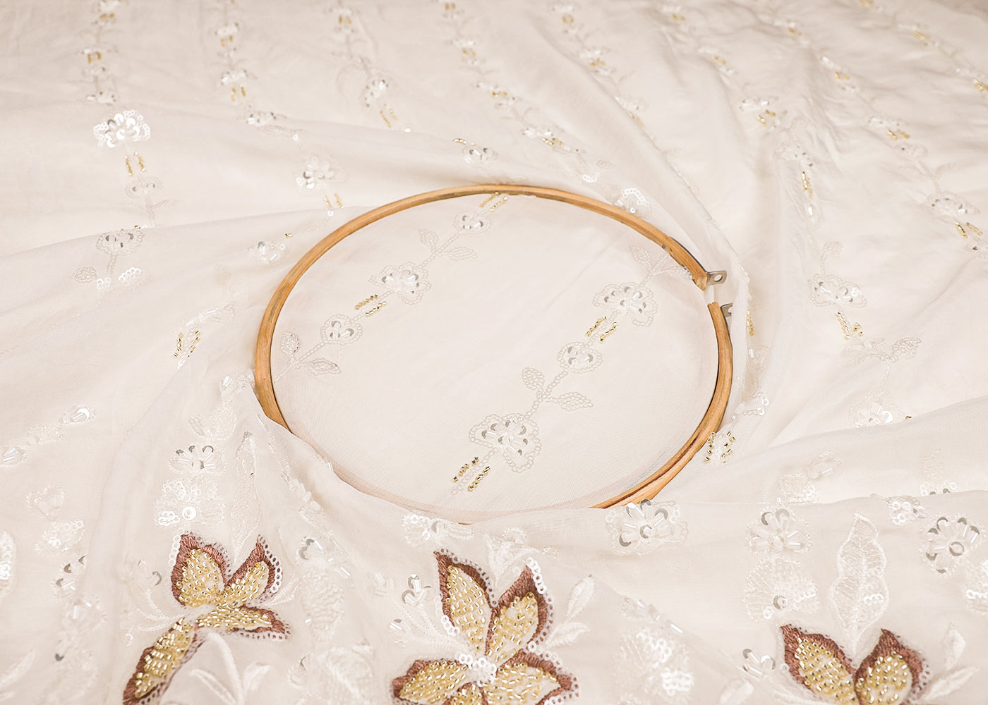 White Georgette Fabric With All Over Thread, Bead And Sequins Work With One Side Border 19178